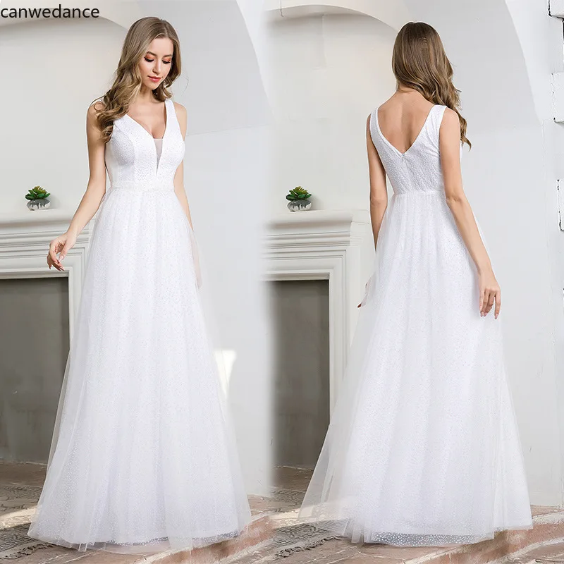 

White Lace Prom Dresses Ever Pretty Double V-Neck Cap Sleeve A-Line Draped Elegant Formal Dresses for Party Vestidos 2020