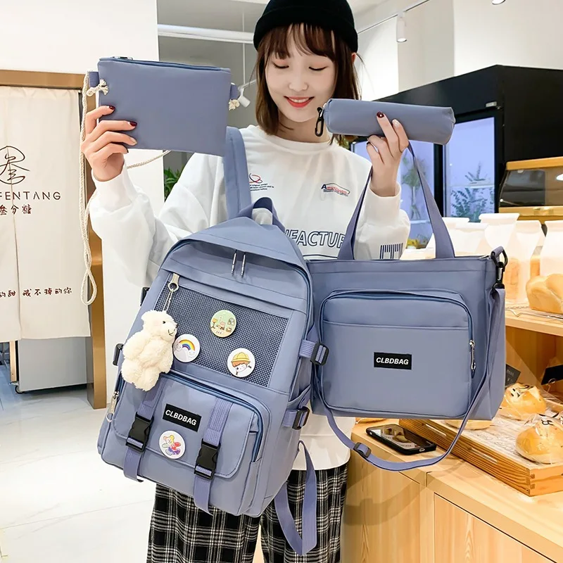 2023 new high-quality canvas schoolbags for teenager girls Korean college style 4 pieces/set women\'s backpacks big School bag