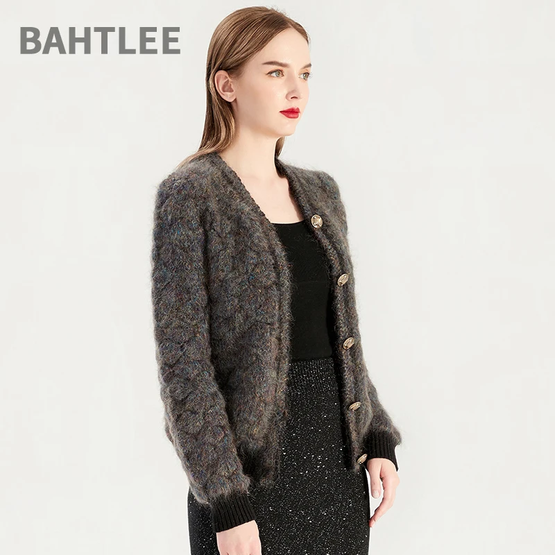 BAHTLEE-Women's Multicolour Mohair Sweater, Wool Knitted Jumper, Long Sleeves, V-Neck, Short Style, Thick, Golden Button, Autumn