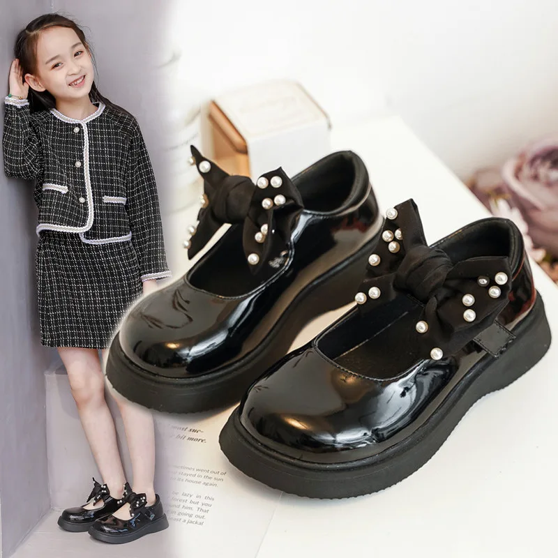 British Style Soft Soled Girls Princess Shoes Kids School Leather Shoes Bowknot Fashion Black Student Performance Shoes 3-13T