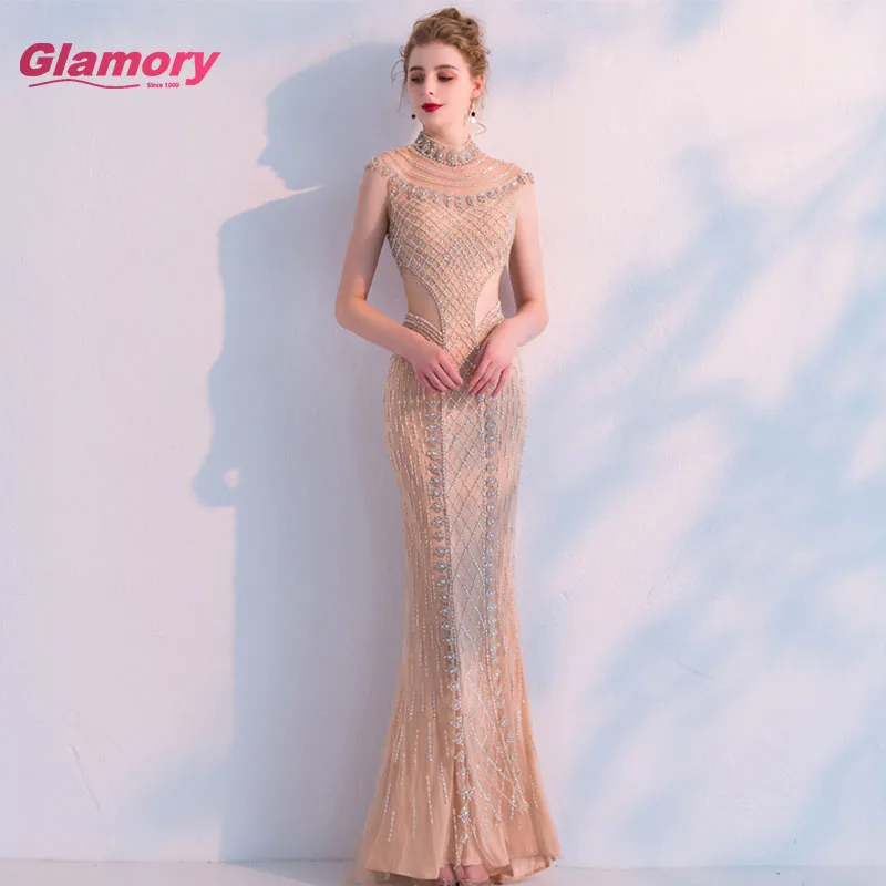 Sexy Meerjungfrau Prom 2020 Licht Gold High Neck Ärmel Schweren Friesen vestido de festa Formale Partei Kleid