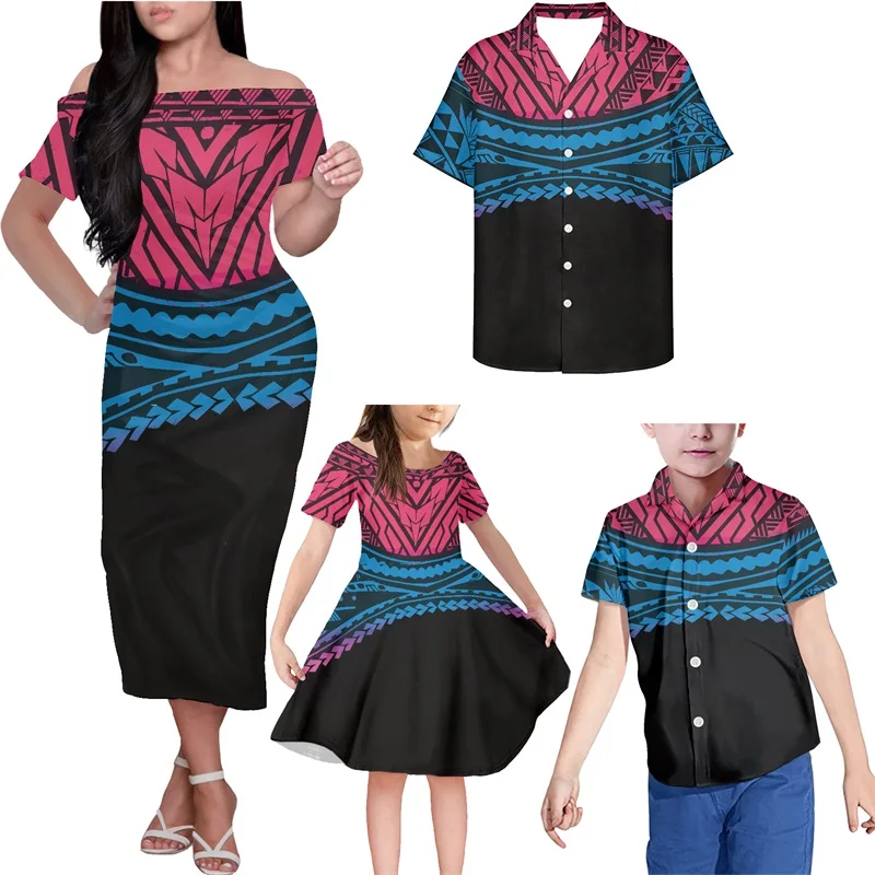 HYCOOL Dropshipping 4pcs Family Matching Outfits Polynesian Tribal Ethnic Print Plus Size Mother Daughter Clothes Custom Clothes