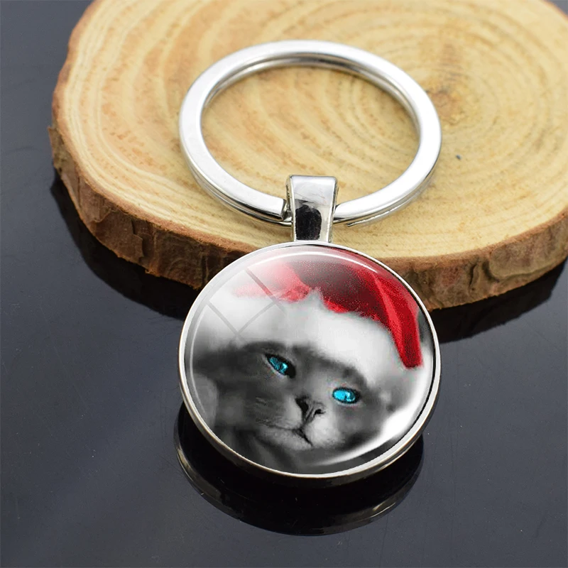 Cute Cat Keychain Animal Black Cat Pattern Key Chain Double Side Glass Cabochon Pendant Keyring Cat Pet Owners Gifts