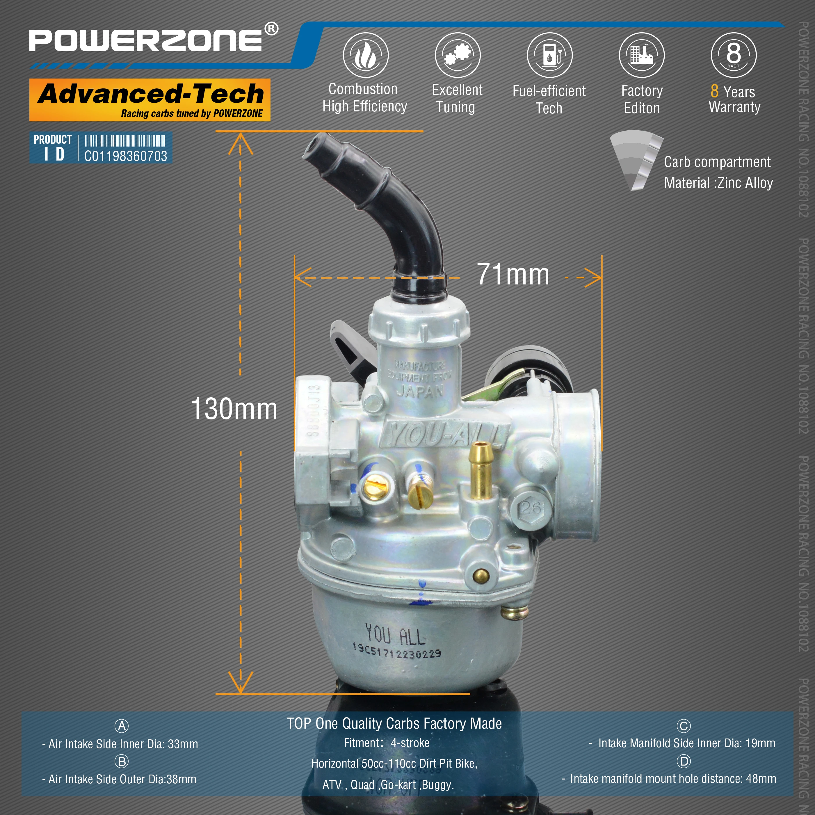 Powerzone  Carburetor PZ19 19mm  CVK  Accelerator Pump Carb For Horizontal 50cc-110cc Dirt Pit Bike,ATV , Quad ,Go-kart ,Buggy