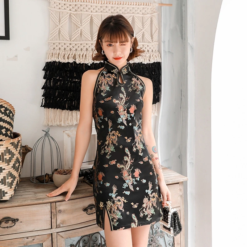 New Summer Chinese National Short Cheongsam Dragon Phoenix Sexy Halter Dress Sleeveless Women Mini Dress Split Dresses Qipao