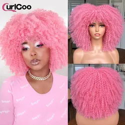 Afro Kinky Curly Perucas com Franja para Mulheres, Cosplay, Lolita, Cabelo Natural, Sintético, Ombre, Loiro, Rosa, Preto, Peruca Rosa, 14