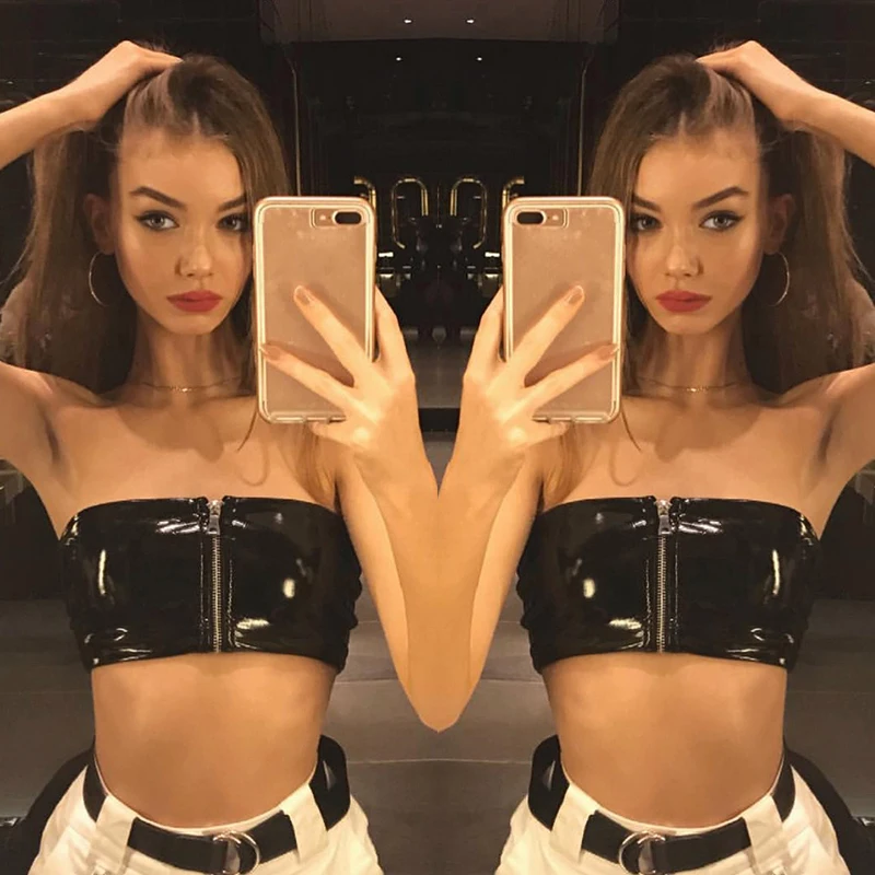 Sexy Women PU Leather Tube Top Goth Punk Style Strapless Zipper Bandeau Tops Summer Going Out Cropped Tanks Vest Party Clubwear