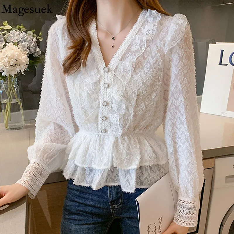

V-neck Solid Elegant Blouses Fashion Ruffle Stitching Shirts Women Tops Autumn Sweet Lace Blouse Women Long Sleeve Blusas 16666
