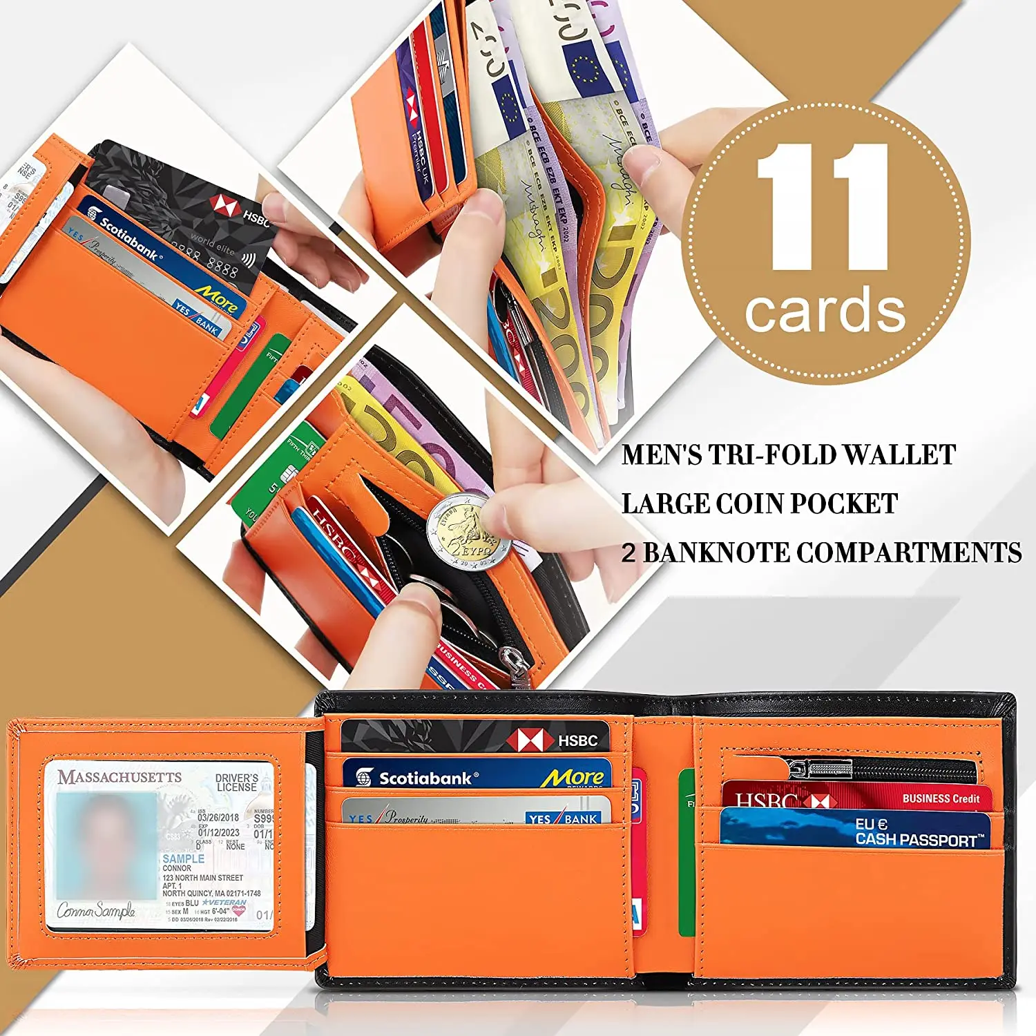 Genuine Leather Wallet Men Slim RFID Purse Card Holder Coin Pocket ID Window Minimalist Wallets