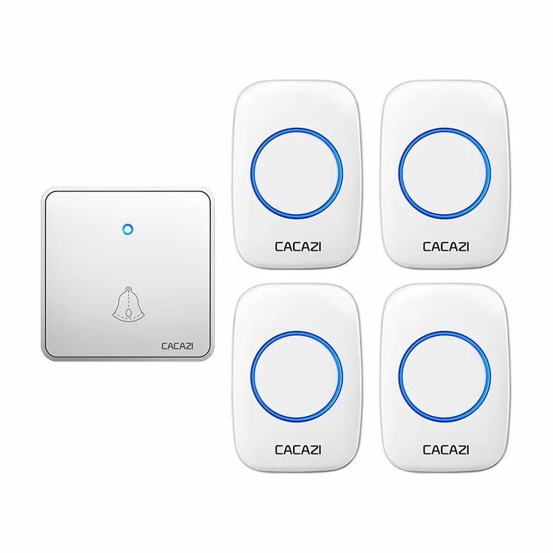 

CACAZI Wireless Doorbell Waterproof 300M Remote Night Light 2032 Battery 1 Transmitter 4 Receiver US EU UK Plug 0-110db Chimes