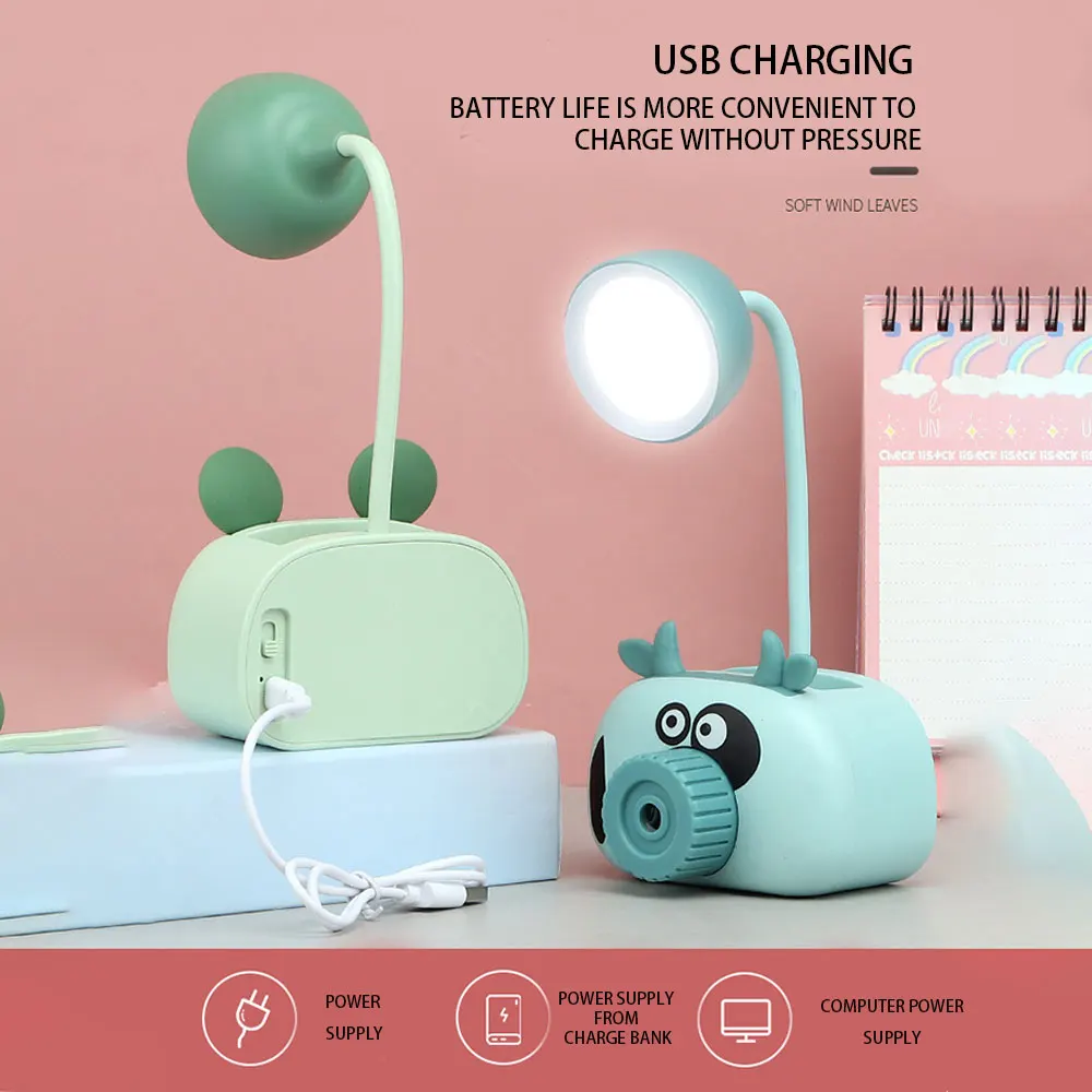 

USB Rechargeable LED Lighting Children Student Eye Protection Night Light Desk Lamps Cartoon Piggy Pen Holder Pencil Sharpener