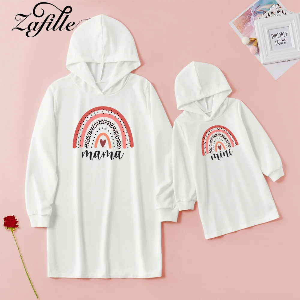 ZAFILLE Mommy Daughter Matching Clothes Rainbow print Hoodies Dress Mom And Daughter Outfit Family Look Mother And Me Same Dress