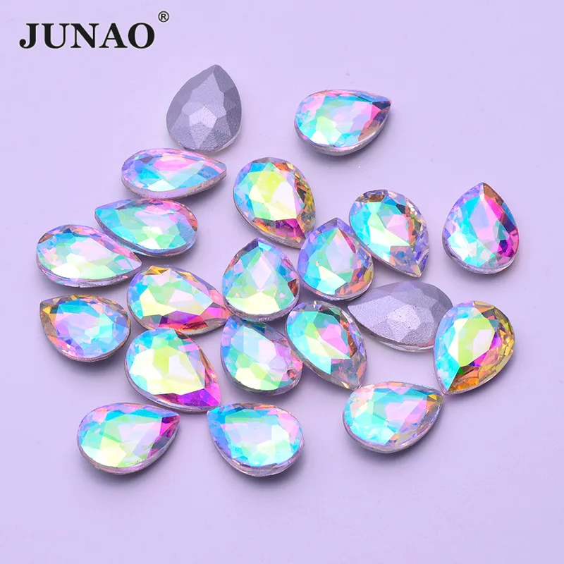 JUNAO 50Pcs 13*18mm Crystal AB Glass Rhinestone Applique Pointback Drop Diamond Crystal Non Hotfix Strass Non Sew Stone