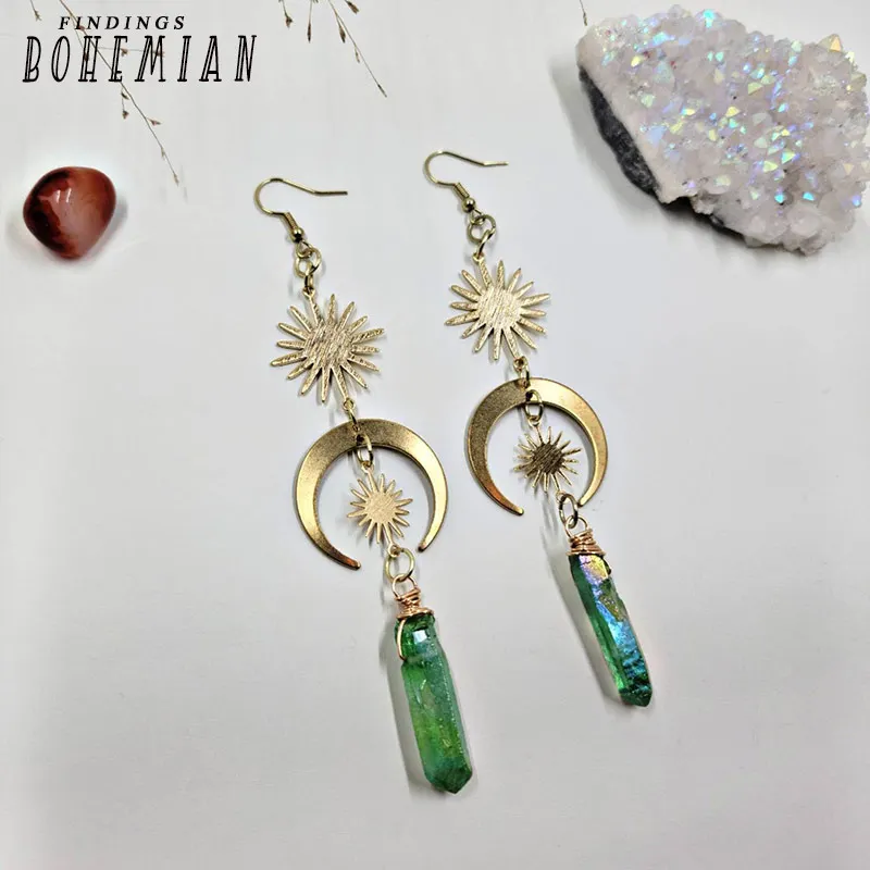 Женские серьги с кристаллами Witchy Celestial Green Aura Quartz, латунные серьги в виде Луны и кожи, эффектные ювелирные изделия богини, серьги с кристаллами