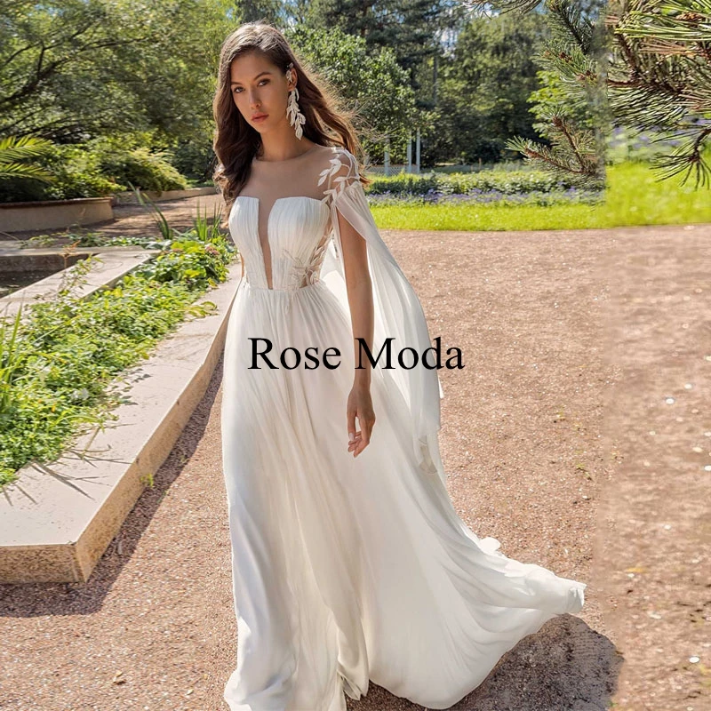 Rose Moda Griekse Lange Mouwen Backless Boho Trouwjurk Strand Bruidsjurk Custom Maken