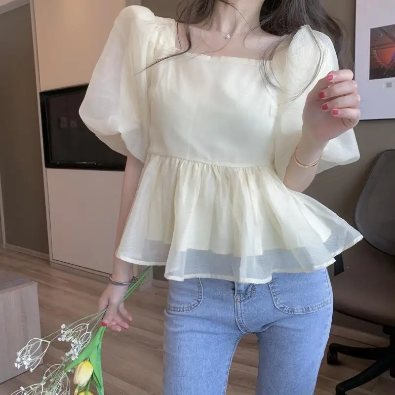 Blouse Women Summer Elegant Lovely Simple Solid Bow Fashion Daily Puff Sleeve New Chic Vintage Casual Square Collar Soft Ulzzang