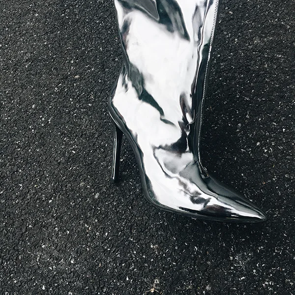 Ladies silver patent leather over the knee boots sexy nightclub party shoes high heels platform women silver thigh high boots