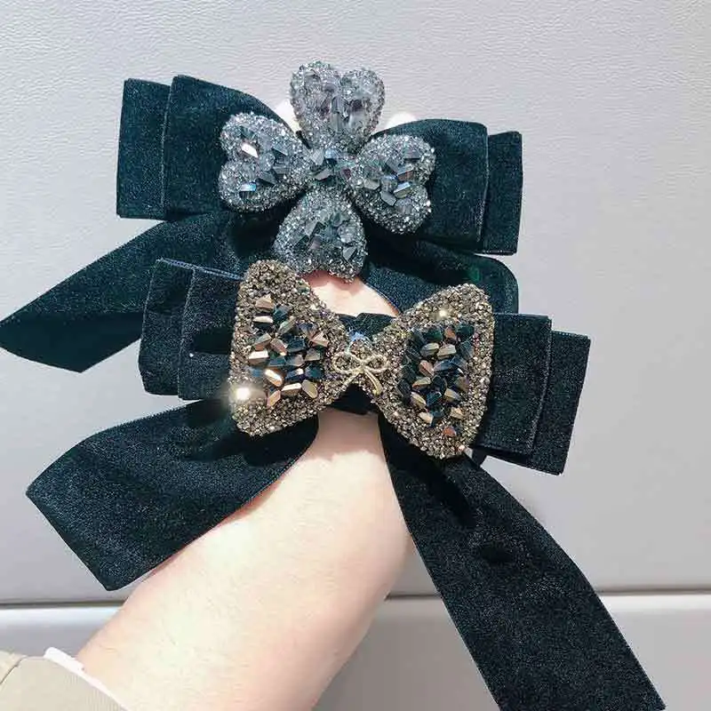 

Luxury Bow Diamond Hair Accessories Elastic Hair Bands Classical Baroque Rhinestone Bow Rubber Band Velvet Hair Ties Wholesale