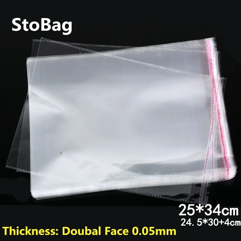 

StoBag 100pcs 25*34cm Clear Self Adhesive Seal Plastic Bags Jewelry Packaging Clothing Bags Large OPP Transparent Packing Gift