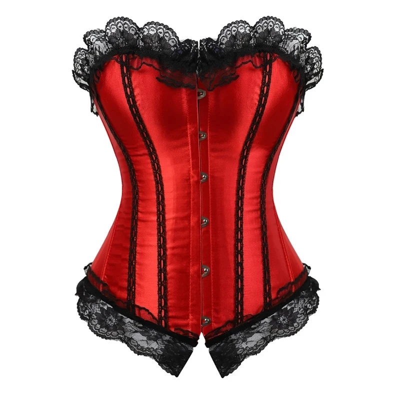 

ANDREAGIRL Sexy Satin Lace up Boned Overbust Corset And Bustier With Lace Trim Showgirl Stripe Lingerie Red S-6XL Fashion 8113