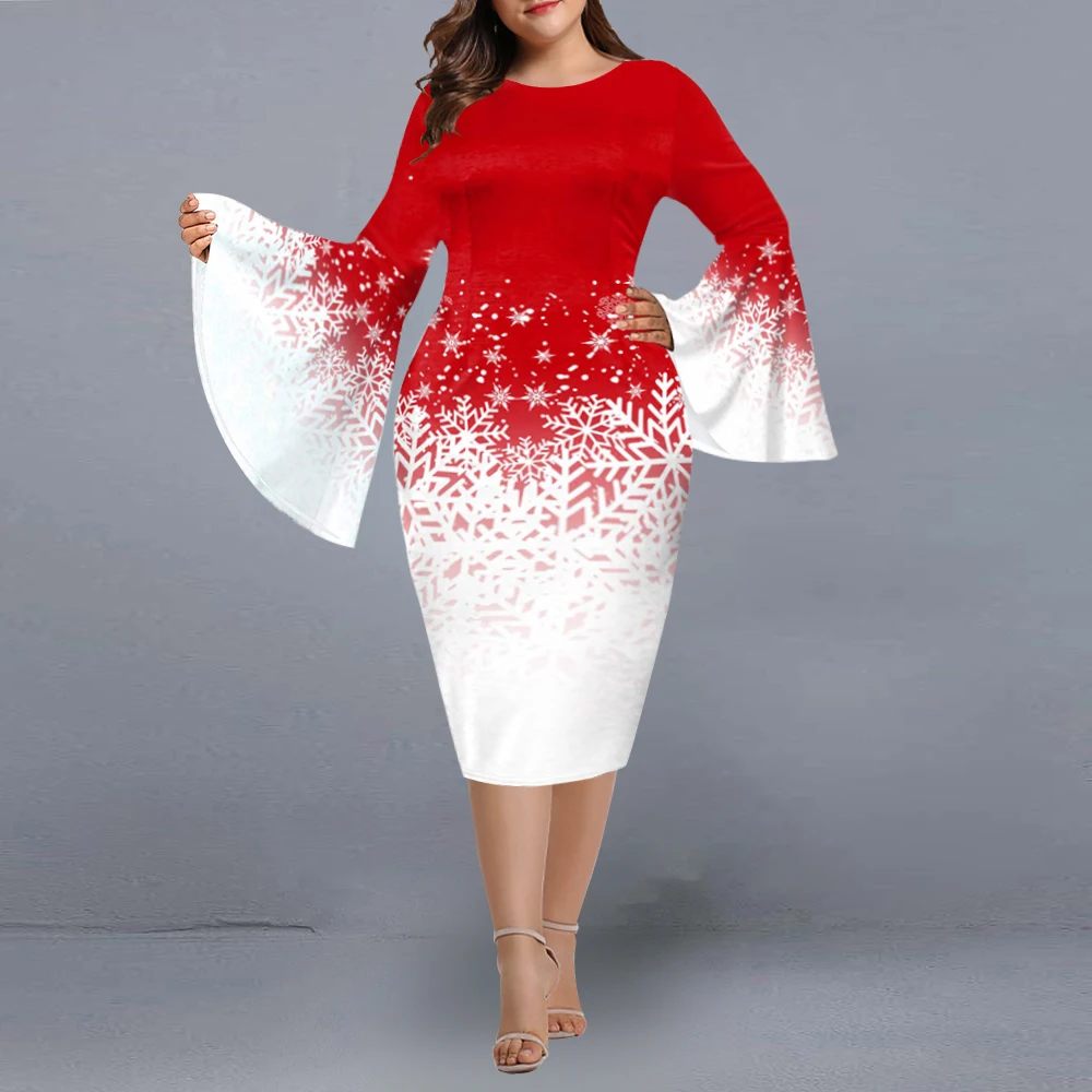 Plus Size Dress 2022 Elegant Geometric Print Evening Party Dress Women Autumn Winter Flare Sleeve Christmas Club Outfit