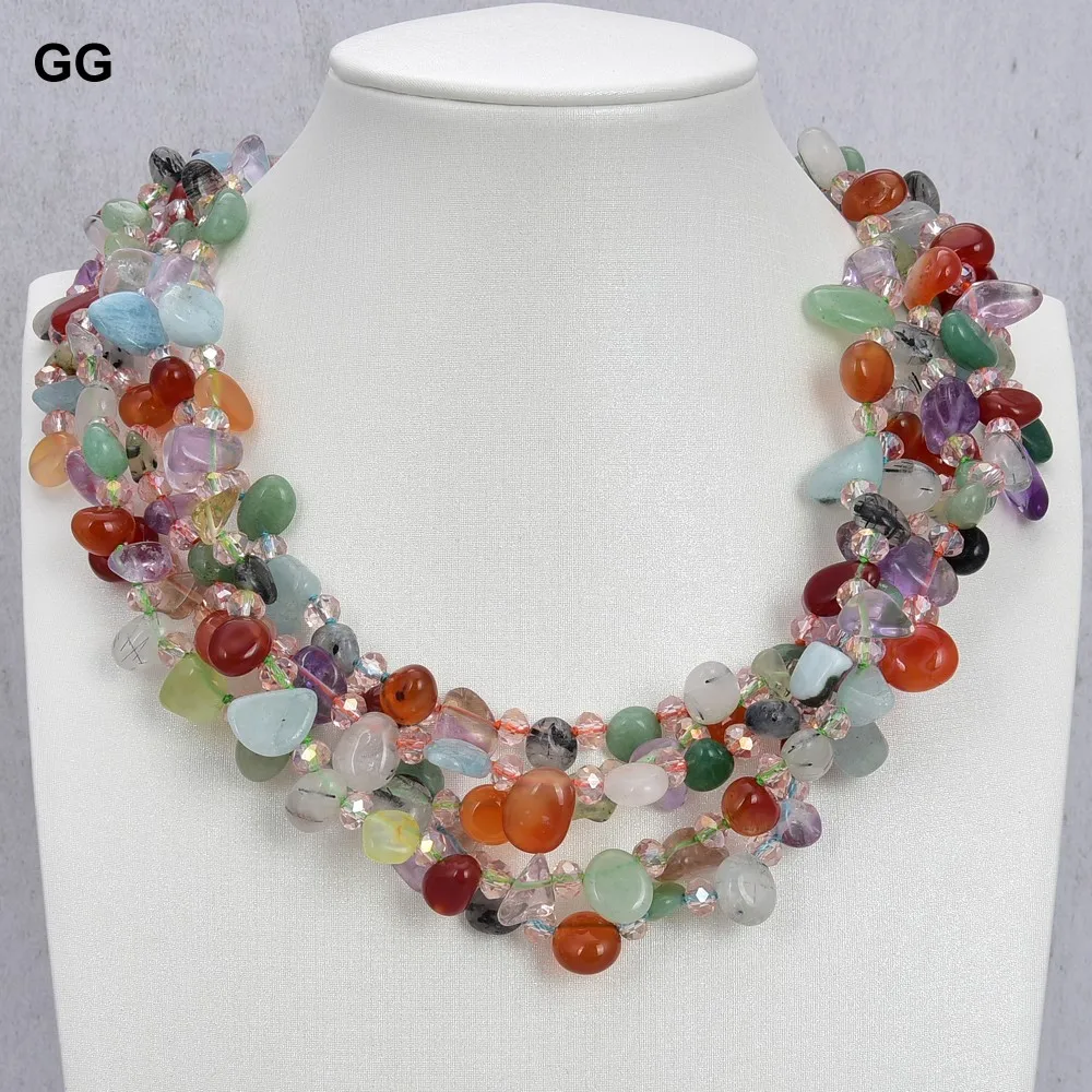 

5 Rows Natural Mix Color Stone Quartz Jade Agate Jasper Multi Strands Necklace Jewelry Gifts