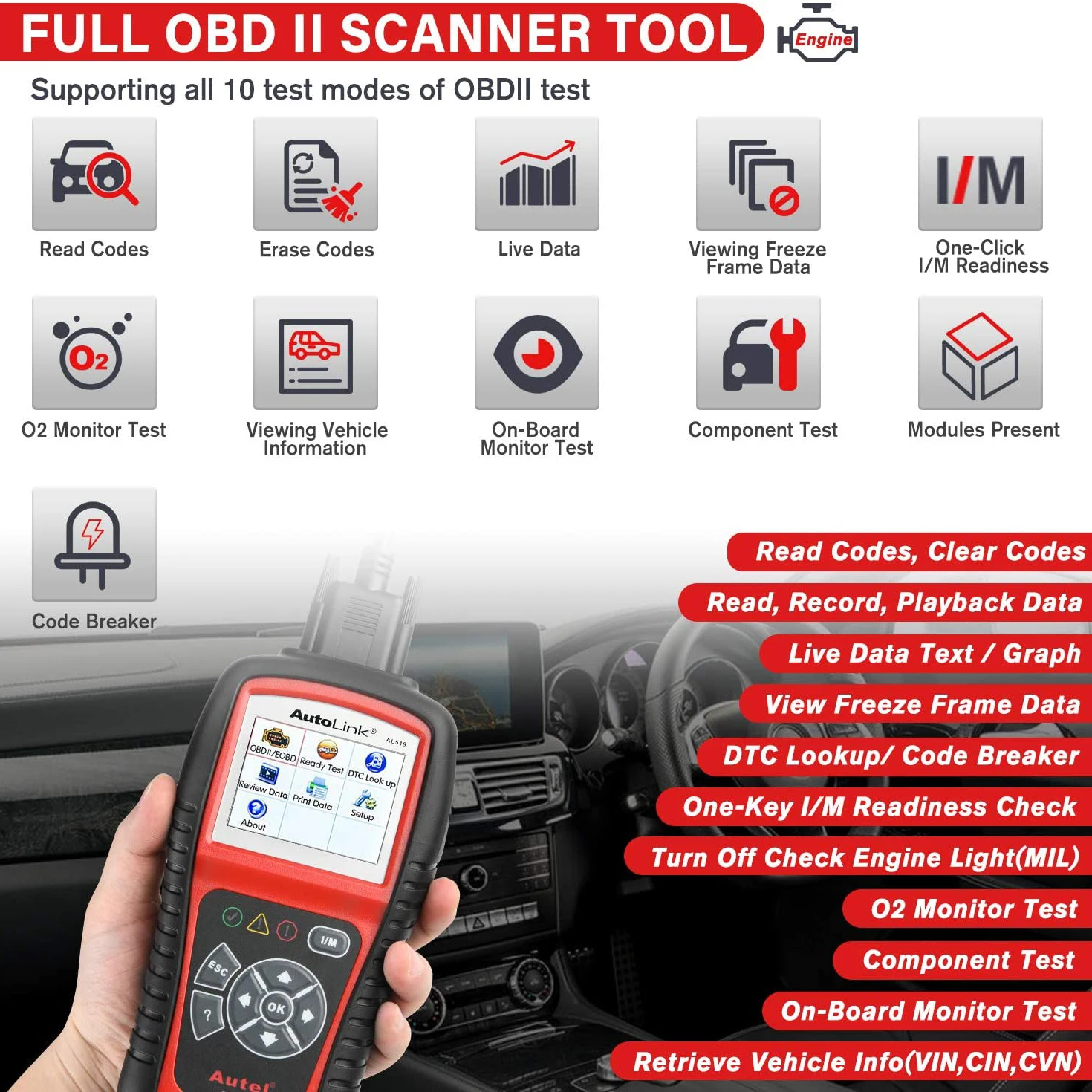 Autel AutoLink AL519 Vehicle OBDII/EOBD Code Reader One-Click I/M Readiness Key, Turns off Check Engine Light