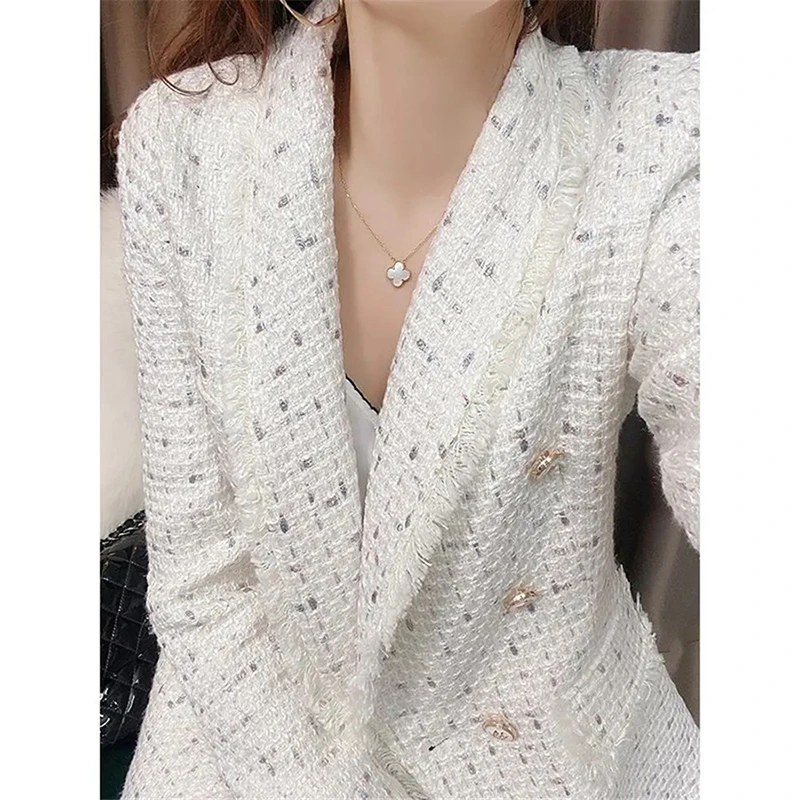 Purple Blazer Women’s Tweed Slim Double Breasted Design Autumn Winter Coat High-End Elegant Korean Fashion Female Wool Jackets