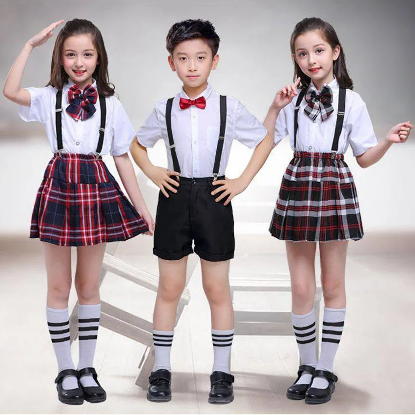 2022 schooluniformen voor kinderen kinderen kleding sets tops + rok + riem tiener meisjes plaid student jongens koor kostuums 100-170cm