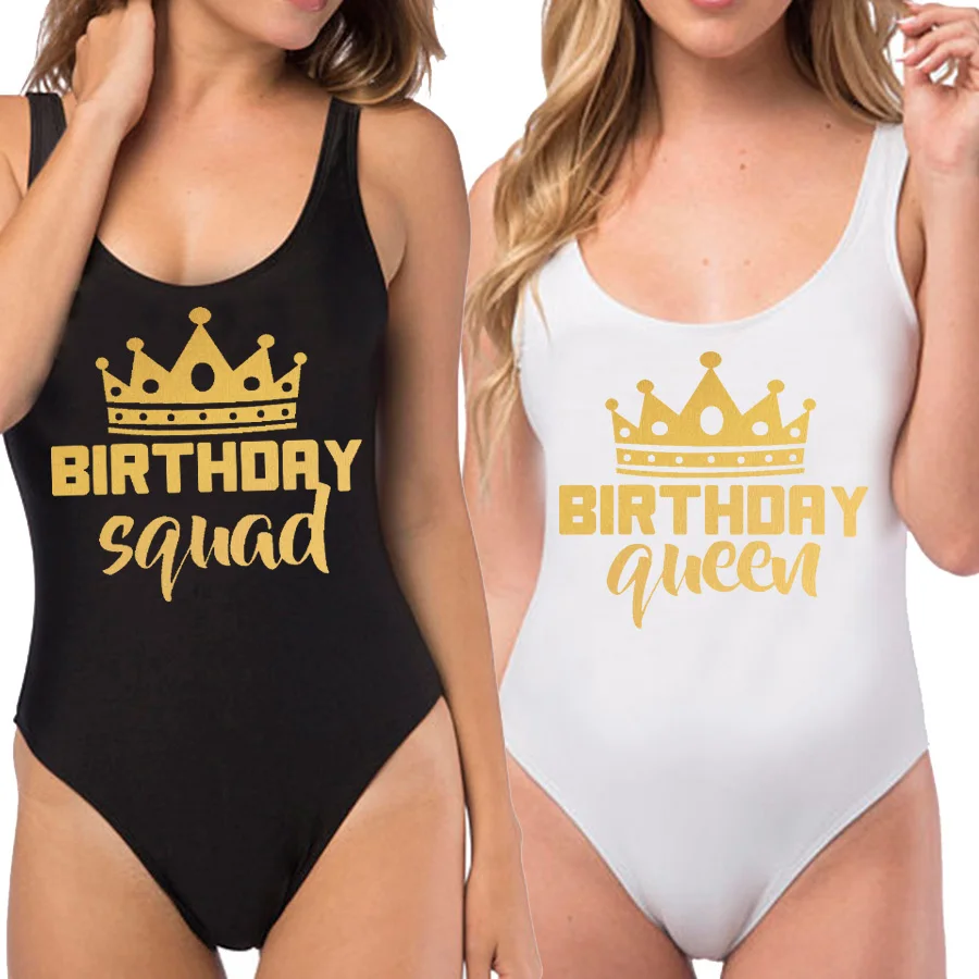 Birthday Party One Piece Swimsuit Birthday Queen & Squad Girl Crown Castle Lining High Leg Women Swimsuit Fun Beachwears