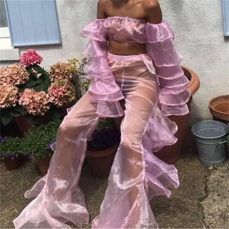 Light Purple See Through Tulle Pants Sexy Elastic Waist Ruffled Pants Women Party юбка Photo Shoot Girls Pants For Birthday