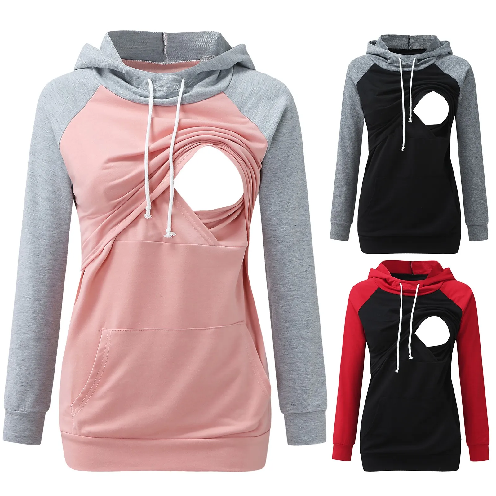 Sudadera con capucha de manga larga para lactancia para mujer, Tops de maternidad, sudadera de retazos con bolsillos, ropa de embarazo, Otoño e