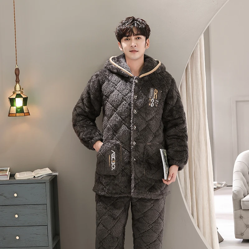 New Arrival With Hooded Quilted Pajama Sets Soft Men Sleepwear Winter Lounge Set Three Layer Coral Fleece Thick Quilted Jacket