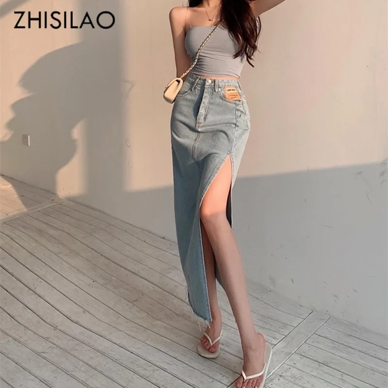 

ZHISILAO High Waist Long Denim Skirt Women Vintage Elegant Blue Sexy Split Fork Bodycon Jeans Skirt Summer 2021