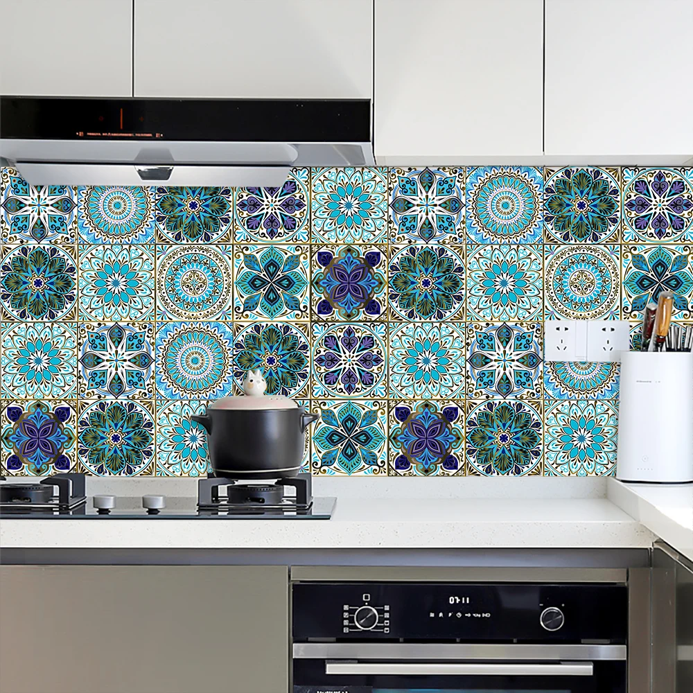 Dream Blue Mandala Style Matte Surface Wall Sticker Non-slip Tile Decoration Film For Tile /Ground in Kitchen Bathroom Art Mural