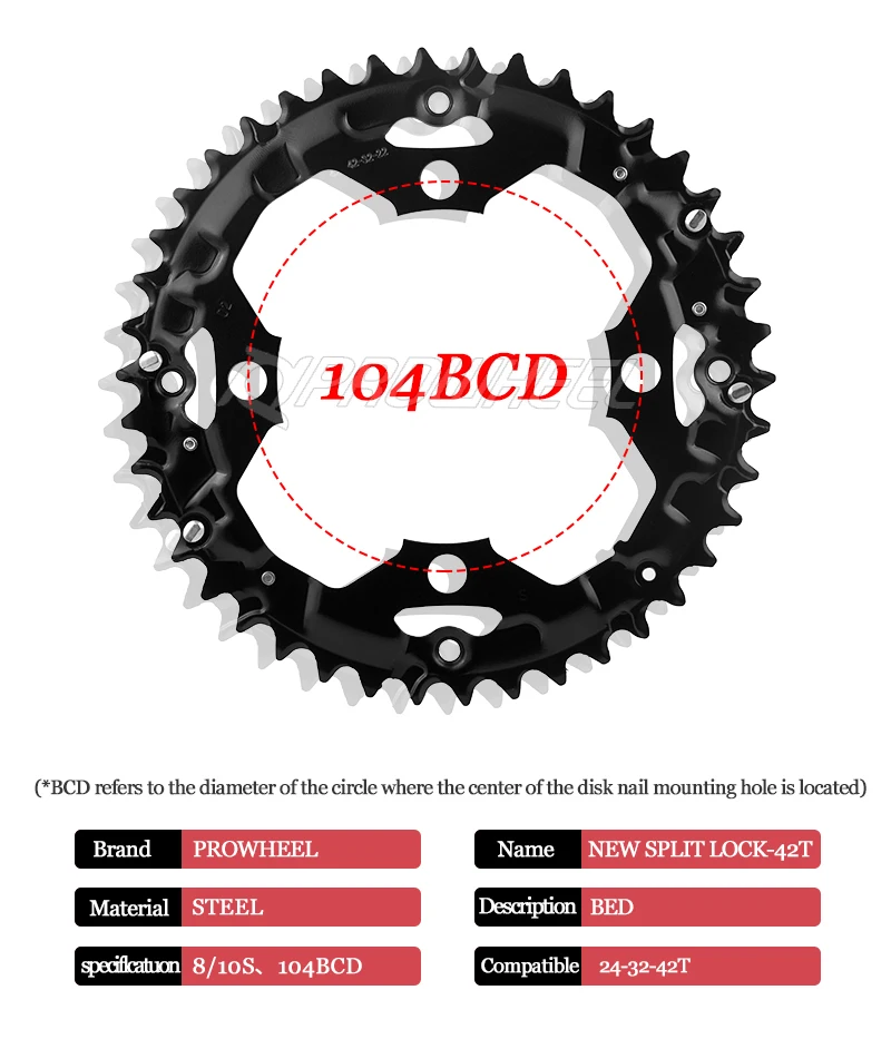 PROWHEEL MTB Kettenblatt 64/96/104BCD Mountainbike-Kettenrad 22T 24T 30T 32T 40T 42T 44T Zahnkranz Stahllegierung Fahrradteil – Detail 6