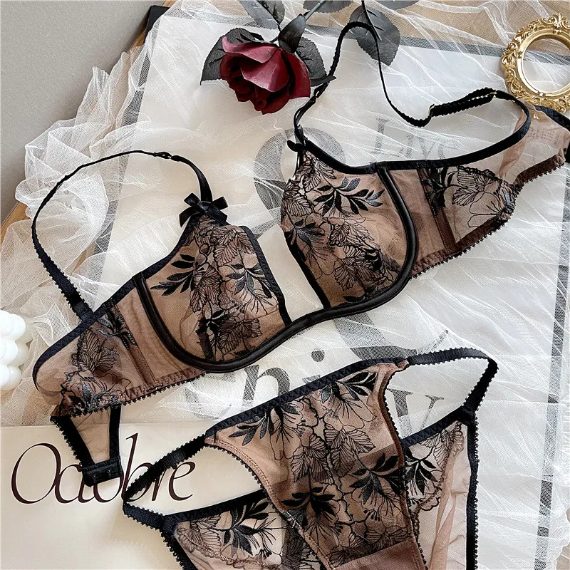 Light luxury embroidery ultra-thin sexy transparent underwear women\'s big breasts U-shaped lace bra set summer