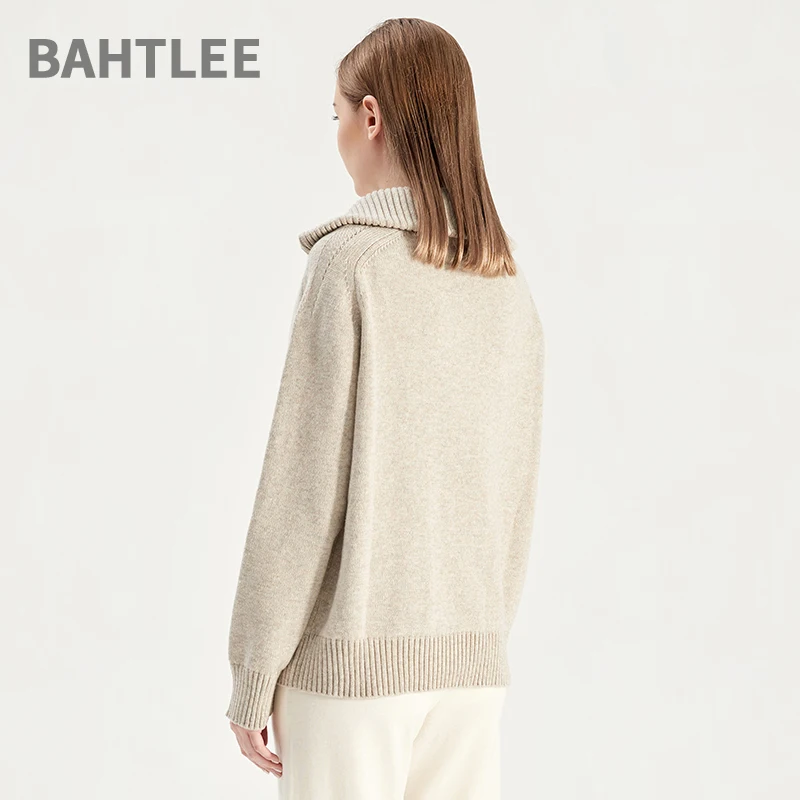 BAHTLEE-Women\'s Wool Sweater, Long Sleeves, Turn Down Collar, Knitted Jumper, Thick Pullovers with Pockets, Loose , Winter