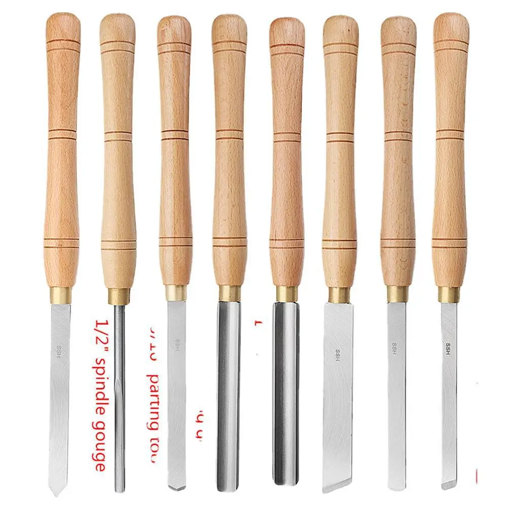 고속 강철 선삭 도구 고급 8PCS 너도밤 나무 손잡이 목공 도구 라운드 나이프 조각 치즐