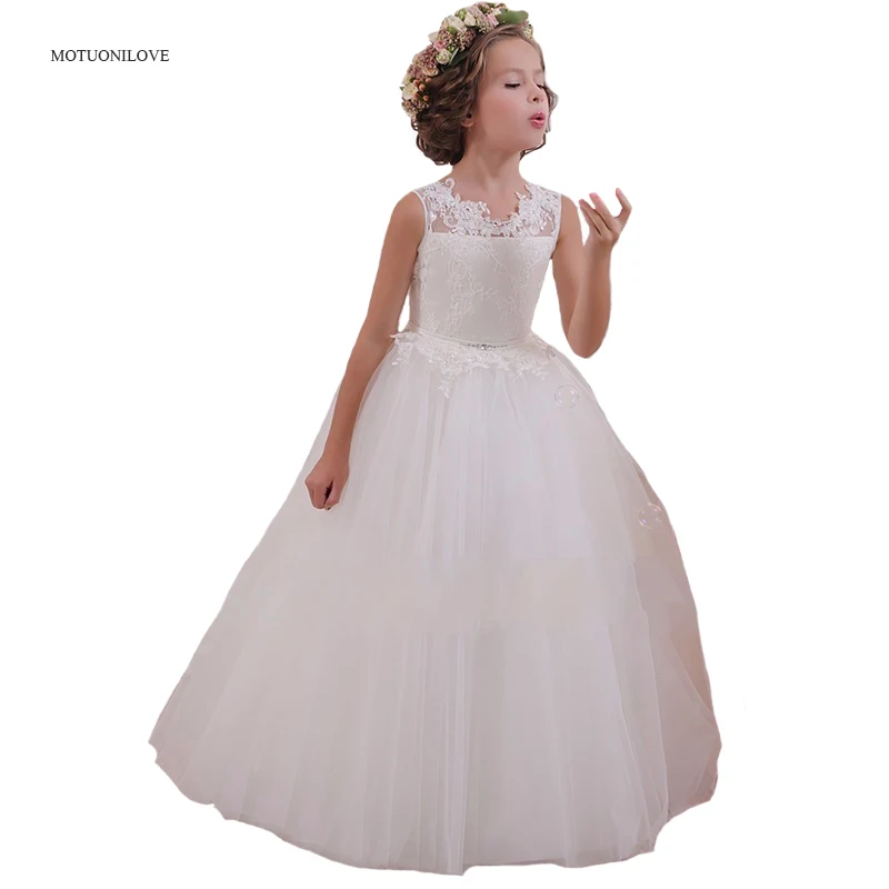 

High Quality Flower Girl Dress Ball Gown Embroidery Lace Elegant Little Kids Bride Dress Bow Rhinestone Belt Pretty Party Gowns