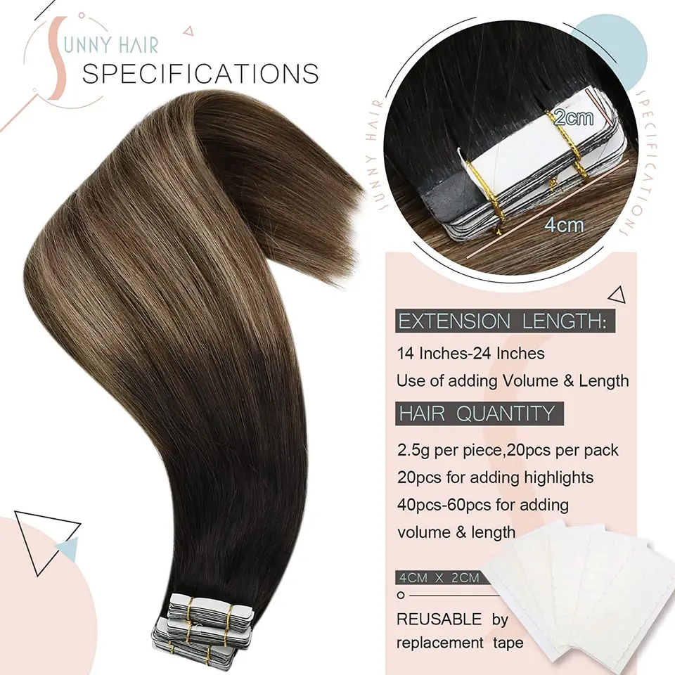 VeSunny Tape en Extensiones de Cabello Humano Seamless Skin Weft Extensiones de Cabello Doble Cara Balayage Color de Cabello Adhesivo Sedoso 5