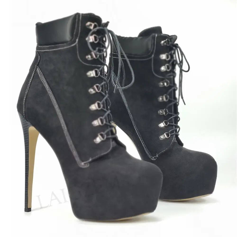 

BERZIMER Ankle Boots Platfrom Round Toe Faux Suede Stiletto Heels Lace Up Booties Height Increase Shoes Woman Big Size 45 47 52