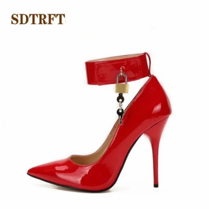 SDTRFT 12cm Thin Heels Pumps Pointed Toe Ladies Crossdresser Shiny Ballet Locked Padlocks Fetish Women Ballet Shoes Stilettos