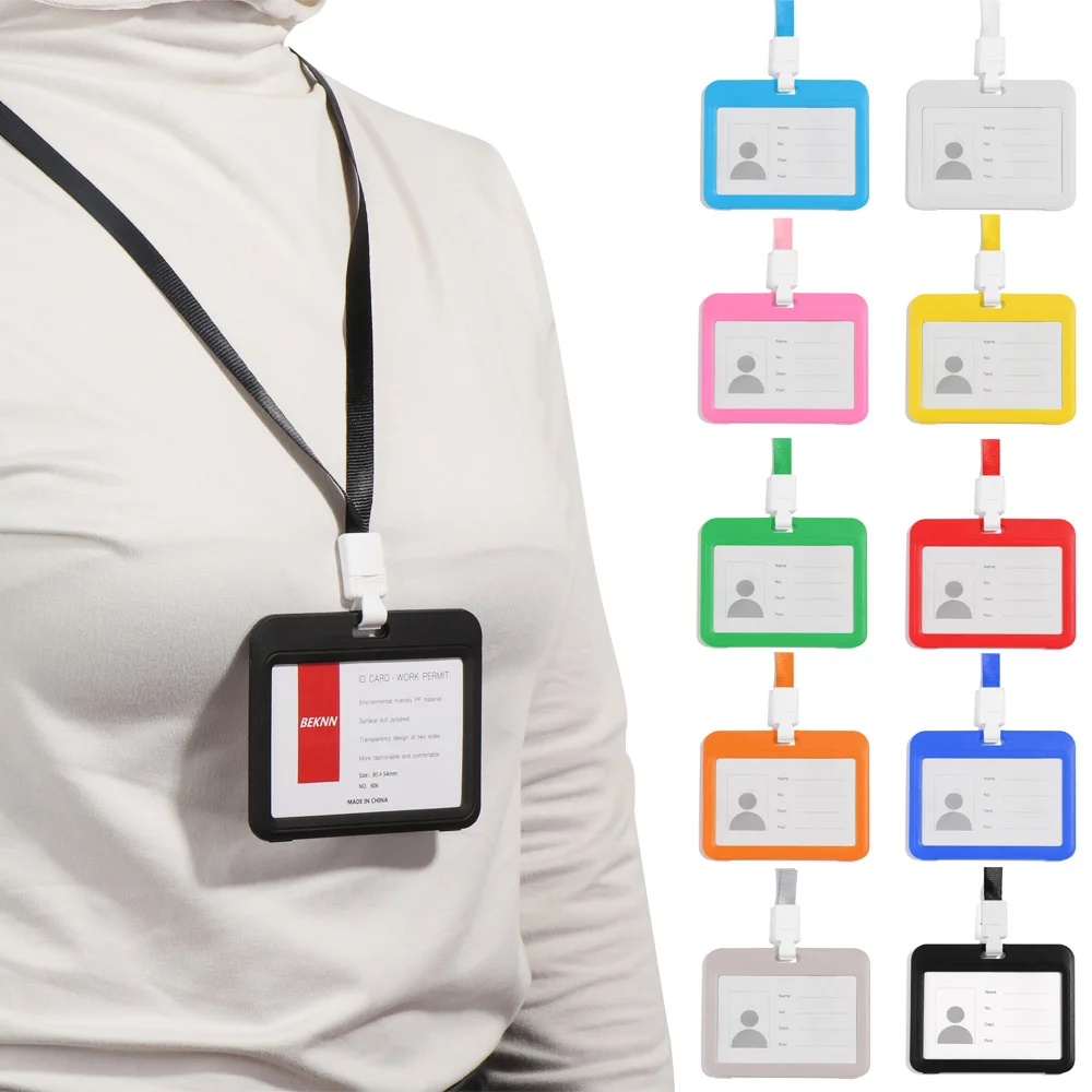 Tarjetero transparente de dos caras con cordón, funda de plástico transversal de estilo Horizontal, tarjetero, Protector de tarjetas