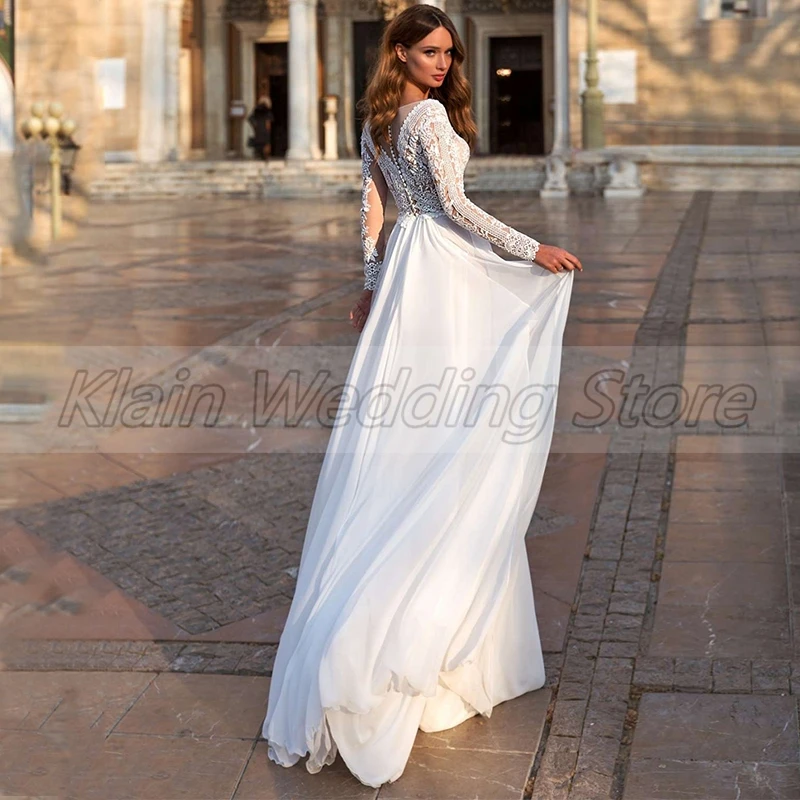 Robe de mariée en mousseline de soie A-ligne classique pour femme, col en V, dentelle, manches longues, patients appliqués avec train de balayage