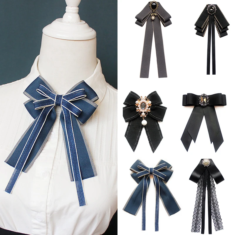 Hand-made Black Ribbon Bow Tie for Women Fashion Crystal Shirt Blouse Bowknot School student Shirt Business Clothing Accessories