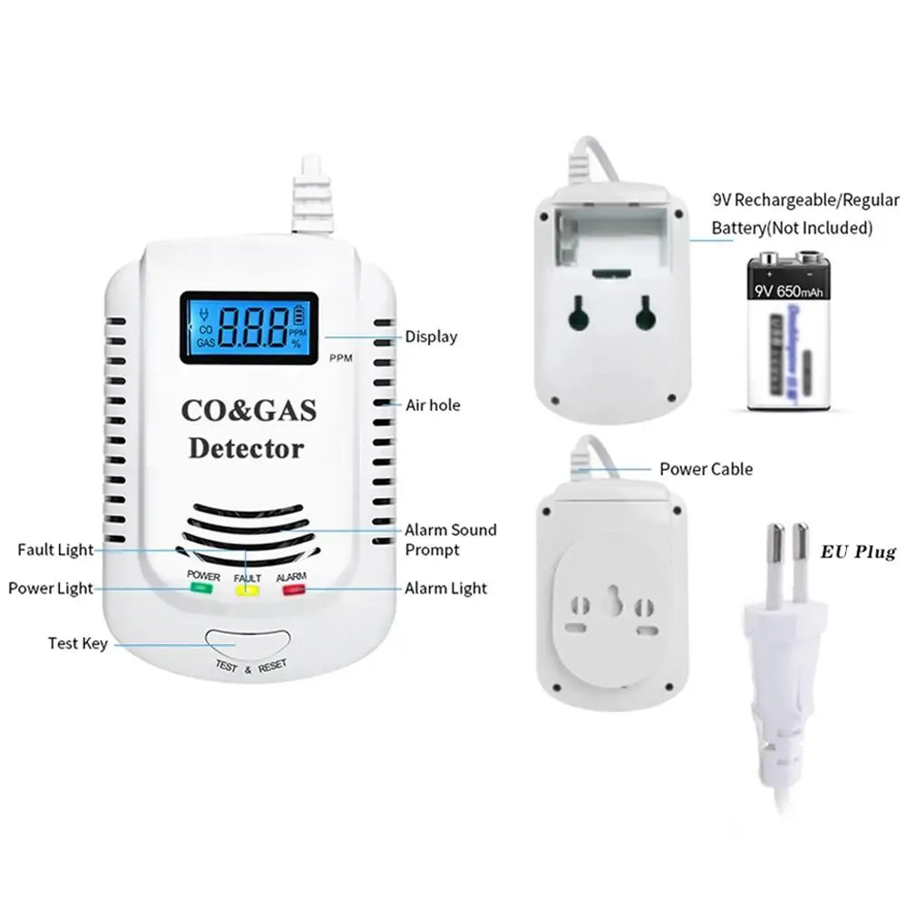 Home Security Combustible Gas Leakage Sensor 2 In 1 Propane Butane Gas Detector Fire Alarm LED Flash 85dB Sound