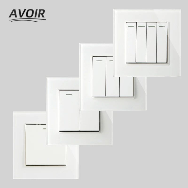 

Avoir Wall Switch Luxury Crystal Glass Panel White Push Button Light Switches 86 Type 1 2 3 4Gang 1 2 Way On/Off Switch 220V 16A