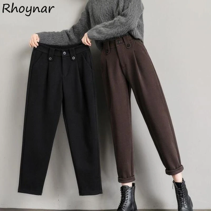 Casual Pants Women Woolen Ankle Length High Waist Warm Winter Solid Street Pantalones All Match Preppy Tender Harem Trousers Bf