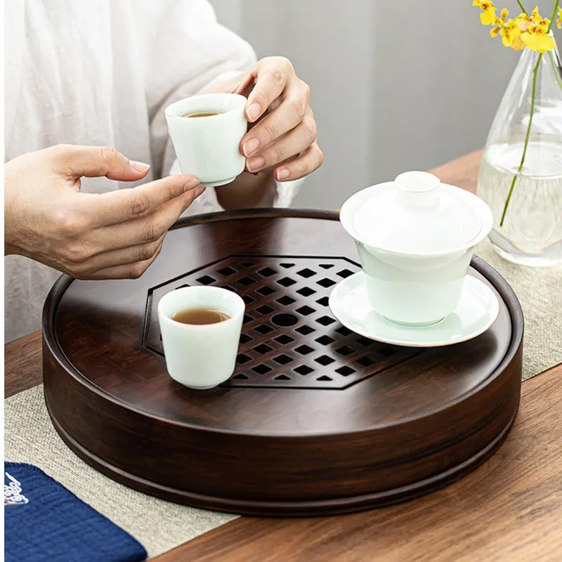 

1250-2500ml Chinese Tea Tray With Peony Flowers Round Tea Tray-Natural Bamboo Wood Tea tabl Tray Tea Set Kitchen Accessories